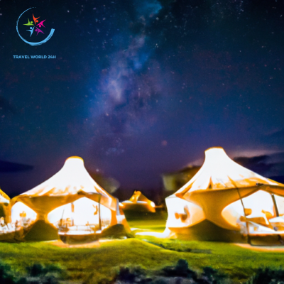 the essence of an unforgettable Serengeti adventure with a stunning image of luxurious safari tents nestled under a star-studded African sky, surrounded by golden grasslands and distant wildlife silhouettes