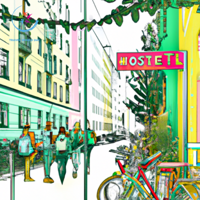 An image showcasing a vibrant Berlin street scene, with backpackers lounging in trendy outdoor areas, bikes parked nearby, and colorful hostel signs in the background, exuding an affordable and lively atmosphere