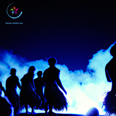 the vibrant essence of a Maori Cultural Show in New Zealand: Silhouettes of performers adorned in traditional attire dance under a starlit sky, surrounded by flickering torches, as the hypnotic beat of drums fills the air