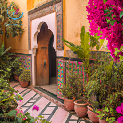 the essence of Marrakech's Old City with an image of a traditional Riad, adorned with hand-painted zellij tiles and intricately carved wooden doorways, surrounded by lush greenery and vibrant bougainvillea