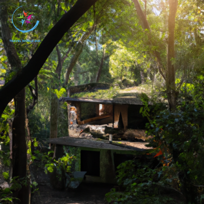 An image showcasing a lush rainforest backdrop with a sustainable lodge nestled amidst the trees