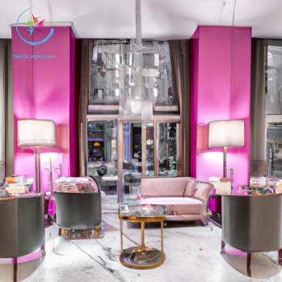 An image showcasing the opulent interior of a boutique hotel nestled amidst the bustling streets of New York City