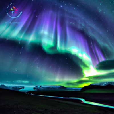 the ethereal dance of vibrant green and purple ribbons swirling across the inky night sky, illuminating Iceland's dramatic landscape
