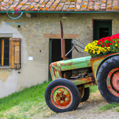 the rustic allure of rural Italy with an enchanting image of a weathered vintage tractor, adorned with colorful flower baskets, rolling along sun-kissed fields, surrounded by rolling hills and quaint countryside homes