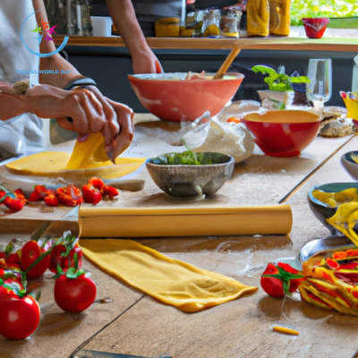 An image featuring a rustic Italian kitchen with a long wooden table covered in freshly baked bread, hand-rolled pasta, vibrant tomatoes, aromatic basil, and locals joyfully cooking, laughing, and sharing their culinary secrets