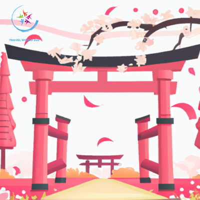 An image showcasing the iconic cherry blossom trees in full bloom, towering over a traditional Japanese torii gate at the entrance of a serene temple, embodying the essence of a perfect Japan trip itinerary