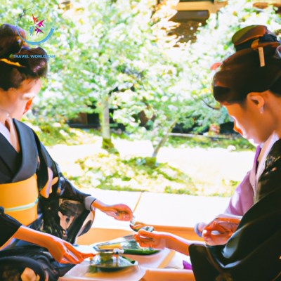 the essence of Kyoto's historic temples through a vibrant image showcasing a traditional tea ceremony, with elegantly attired participants gracefully pouring tea and exchanging serene bows amidst the tranquil ambiance of the temple's exquisite garden