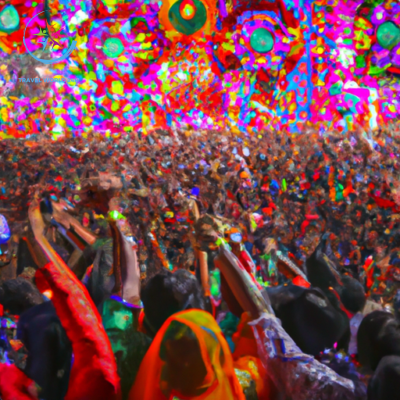 An image showcasing the vibrancy of India's cultural festivals: a kaleidoscope of colors as people adorned in traditional attire gather under a sky filled with flickering lanterns, surrounded by intricate Rangoli designs and the rhythmic beats of folk dancers