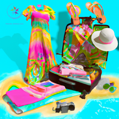 An image showcasing a vibrant beach scene with a suitcase overflowing with sunhats, flip-flops, lightweight clothing, sunscreen, sunglasses, a tropical printed dress, a snorkel, a camera, and a guidebook on top