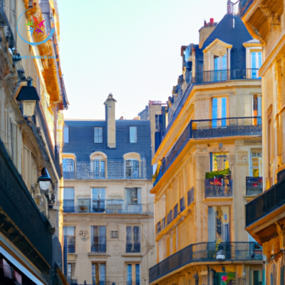 Capture the essence of a Parisian day through a visual journey: a cobblestoned street lined with charming patisseries, bustling outdoor cafes with people savoring croissants, and elegant architecture towering above, adorned with intricate iron balconies