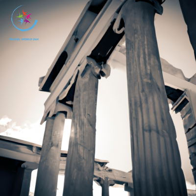 the mystical allure of Athens by depicting a crumbling marble temple, adorned with intricate friezes depicting gods and goddesses, as sunlight filters through the ancient columns, casting enchanting shadows on the ground