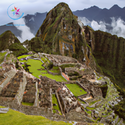 An image showcasing the awe-inspiring ruins of Machu Picchu, Peru; capture the misty mountains in the backdrop, moss-covered stones, intricate terraces, and the iconic stone structures nestled amidst lush greenery