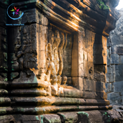 the ethereal beauty of Cambodia's ancient temples through a photo of intricately carved stone walls adorned with delicate moss, bathed in the soft golden light of a setting sun