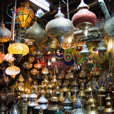the vibrant essence of Marrakech's souks: A bustling labyrinth of narrow alleys adorned with colorful handmade ceramics, intricately patterned textiles, shimmering lanterns, and artisans skillfully crafting exquisite local crafts