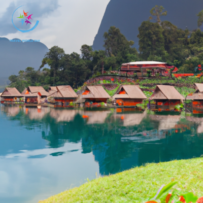 An image of a tranquil lake surrounded by lush green mountains, featuring colorful floating bungalows with thatched roofs and wooden decks, peacefully blending with the serene beauty of Thailand's Khao Sok