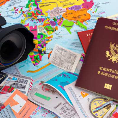 An image showcasing a passport opened to a page filled with various colorful visas from different countries, surrounded by travel-related paraphernalia like plane tickets, maps, and a camera