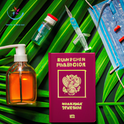 An image showcasing a vibrant tropical jungle backdrop with a passport surrounded by syringes, mosquito repellent, and travel-sized medication, emphasizing the importance of health precautions and vaccinations for exotic destinations