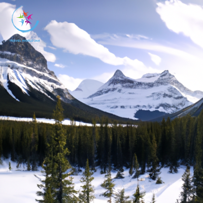 Htaking panoramic view of snow-capped mountains, with a winding trail leading through vibrant evergreen forests, inviting hikers and skiers alike to explore the majestic Canadian Rockies