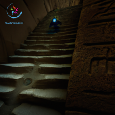 An image of a daring adventurer, flashlight in hand, descending a dimly lit stone staircase deep inside an ancient Egyptian pyramid, revealing intricate hieroglyphics and mysterious shadows along the way