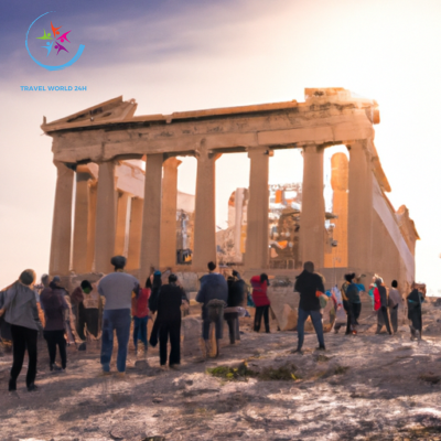 An image showcasing the breathtaking ruins of the Parthenon, bathed in golden sunlight, as a group of tourists marvel at the ancient Greek architecture during a historical walking tour in Athens