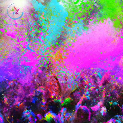 An image that captures the vibrant chaos of Holi, showcasing a crowd covered in a kaleidoscope of colors, joyfully dancing amidst a cloud of colorful powder and water, with the backdrop of ornate temples and traditional Indian music