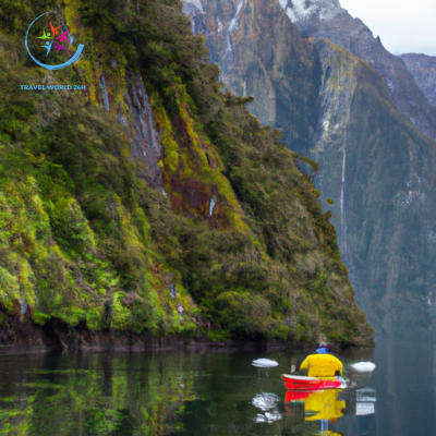 the essence of tranquility as a lone kayaker glides through the crystal-clear waters of New Zealand's majestic fjords