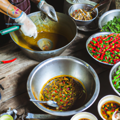 An image featuring a vibrant Thai kitchen filled with aromatic spices and herbs, as a skilled chef gracefully demonstrates the art of preparing a traditional dish, showcasing the rich culinary heritage of Thailand