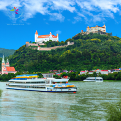 An image showcasing a luxurious river cruise on the Danube: a gleaming white ship glides through the serene waters, adorned with elegant balconies, panoramic windows, and a sun-kissed deck where guests relax, savoring the breathtaking views of medieval castles, vineyards, and charming riverside villages