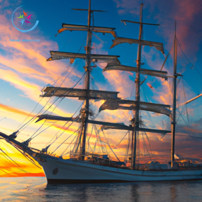 the ethereal beauty of a majestic tall ship, its grand masts adorned with billowing white sails, effortlessly gliding across the calm turquoise waters of the Baltic Sea, under a vibrant orange sunset backdrop