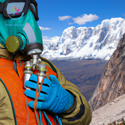 An image showcasing a mountaineer, oxygen mask in hand, bundled up in warm gear, standing against the backdrop of snow-capped Andean peaks, as a vivid blue sky stretches above