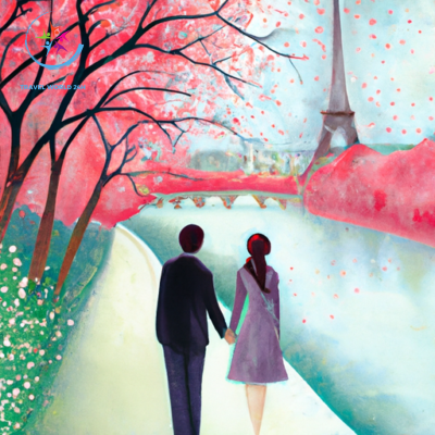 An image capturing the essence of romance in Paris: a couple strolling hand in hand along the Seine, bathed in the soft glow of the Eiffel Tower, while cherry blossoms gently cascade above them