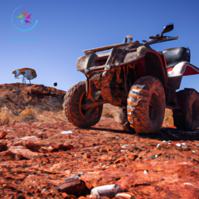 the essence of adventure in the Australian Outback with an image of a powerful ATV dominating the rugged terrain