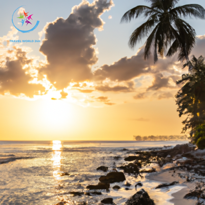 An image showcasing a serene Caribbean beach, with palm trees gently swaying in the warm breeze, crystal-clear turquoise waters dotted with colorful coral reefs, and a vibrant sunset casting a golden glow over the horizon