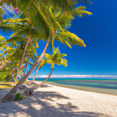 A captivating image showcasing Fiji's idyllic tropical paradise, featuring crystal-clear turquoise waters gently lapping against pristine white sandy beaches, surrounded by lush palm trees swaying in the gentle ocean breeze