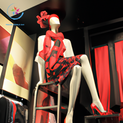 An image showcasing Milan's chic boutiques: a stylish mannequin adorned in a tailored designer suit, surrounded by opulent racks of colorful garments, intricate accessories, and elegant shoes, all exuding a vibrant ambiance of luxury and high fashion