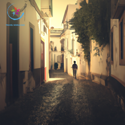 An image capturing a serene cobbled alley, bathed in soft sunlight, where a local guide leads a small group of tourists away from the bustling main street towards hidden gems, evoking a sense of exploration and escape