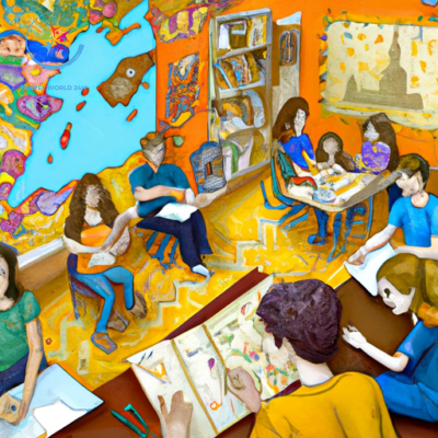 An image showcasing a vibrant classroom in Barcelona, filled with enthusiastic students engaged in lively conversations, surrounded by colorful Spanish textbooks, maps, and cultural artifacts, immersing themselves in the rich language and culture of Spain