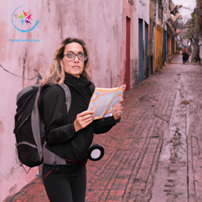An image showcasing a confident solo female traveler exploring vibrant city streets, carrying a secure backpack, confidently navigating with a map, while discreetly holding pepper spray in her hand