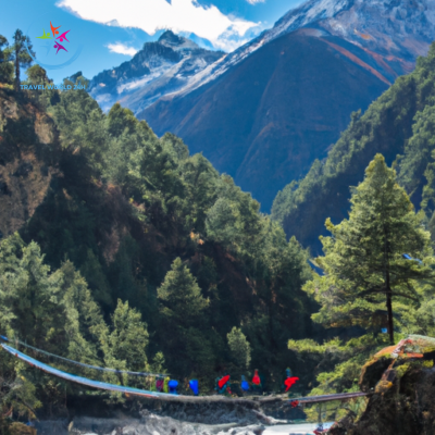 Htaking image of a group of trekkers, led by experienced Sherpas, crossing a narrow suspension bridge suspended high above a roaring river, with towering snow-capped peaks and lush green valleys stretching endlessly in the background
