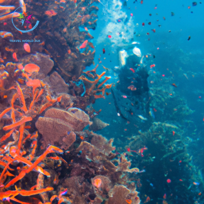 An image featuring a vibrant coral reef teeming with diverse marine life, as a scuba diver gracefully navigates through crystal-clear turquoise waters, capturing the awe-inspiring beauty of underwater diving in the Great Barrier Reef