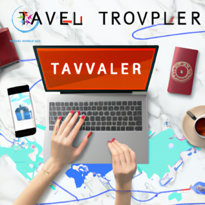 An image showcasing a traveler using a smartphone and laptop, surrounded by various digital tools like travel apps, online booking platforms, and interactive maps, to effortlessly plan their journey