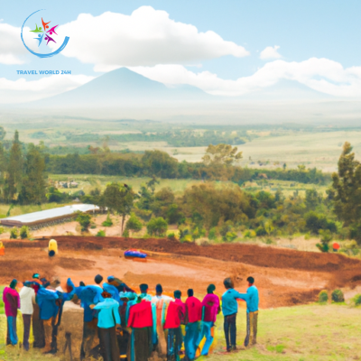 An image of a diverse group of volunteers in Kenya, working side by side with locals, as they build a school in a vibrant rural community surrounded by lush green fields and majestic Mount Kenya in the distance