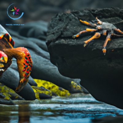 the ethereal moment of a majestic Galapagos giant tortoise delicately extending its neck towards a vibrant red Sally Lightfoot crab, as they engage in a peaceful inter-species interaction amidst the volcanic rocks and azure waters of the archipelago