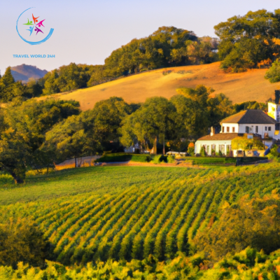An image showcasing rolling hills of lush vineyards in Napa Valley, bathed in warm golden sunlight